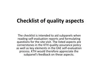 Checklist of quality aspects