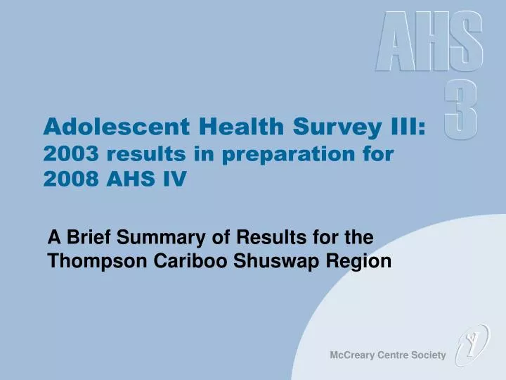 adolescent health survey iii 2003 results in preparation for 2008 ahs iv