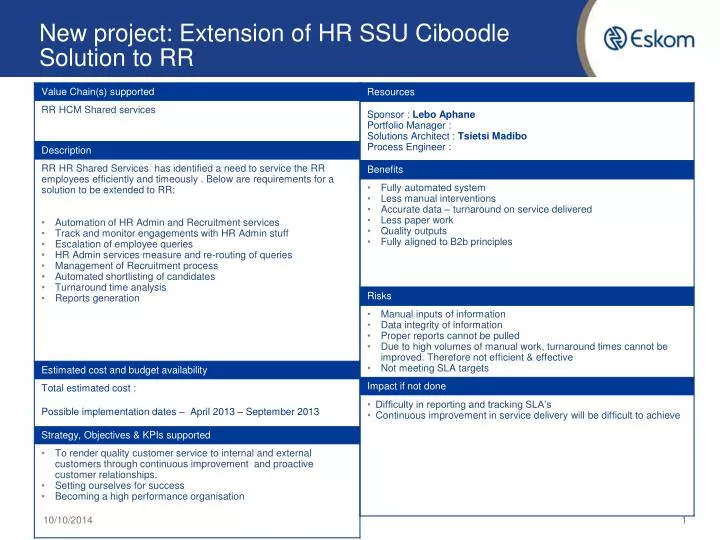 new project extension of hr ssu ciboodle solution to rr