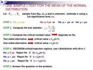 ONE SAMPLE t-TEST FOR THE MEAN OF THE NORMAL DISTRIBUTION