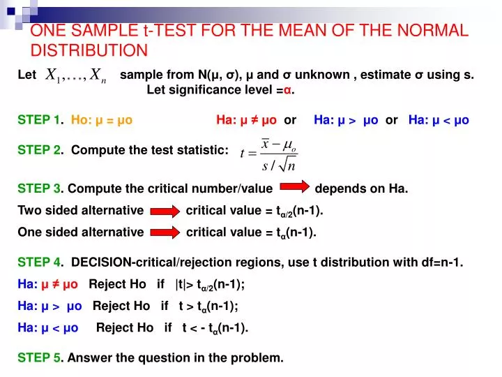 one sample t test for the mean of the normal distribution