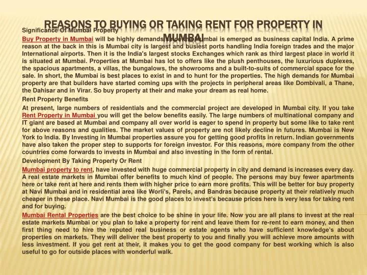 reasons to buying or taking rent for property in mumbai