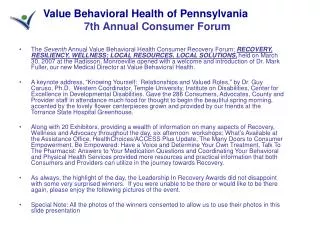 Value Behavioral Health of Pennsylvania 7th Annual Consumer Forum