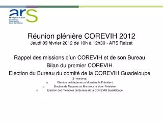 r union pl ni re corevih 2012 jeudi 09 f vrier 2012 de 10h 12h30 ars raizet