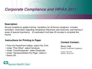 Corporate Compliance and HIPAA 2011