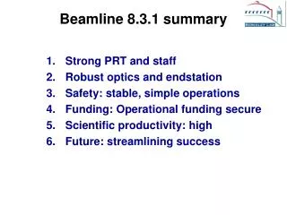 Beamline 8.3.1 summary