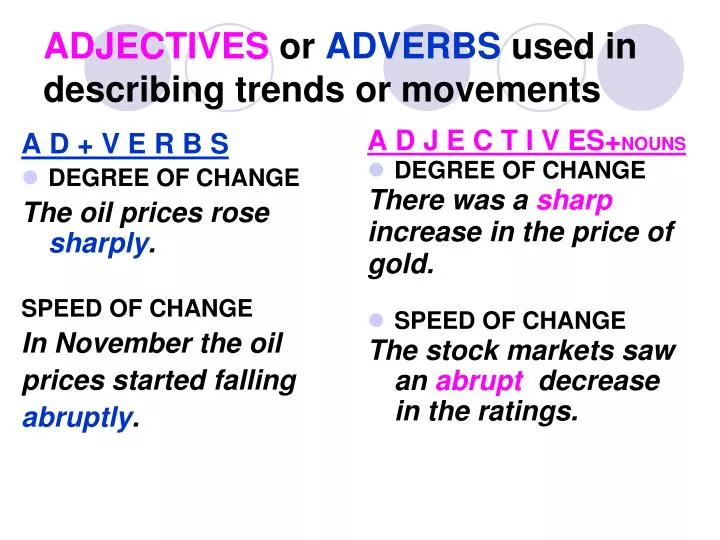 adjectives or adverbs used in describing trends or movements