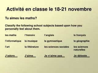 activit en classe le 18 21 novembre