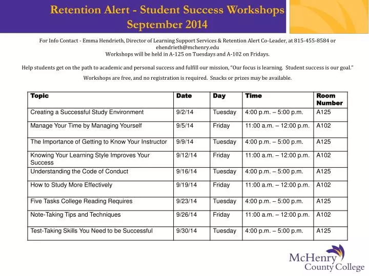 retention alert student success workshops september 2014