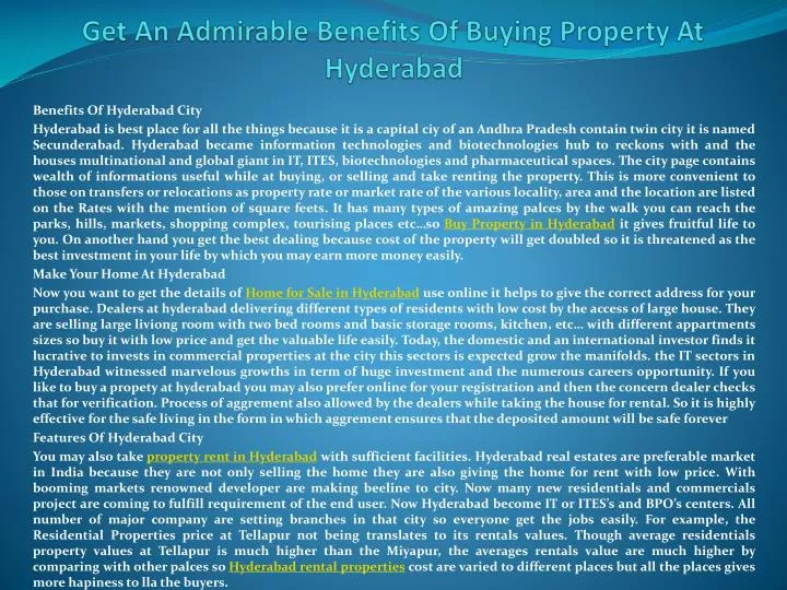 get an admirable benefits of buying property at hyderabad