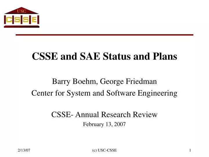 csse and sae status and plans