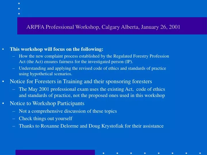 arpfa professional workshop calgary alberta january 26 2001