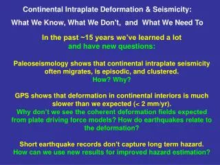 Continental Intraplate Deformation &amp; Seismicity:
