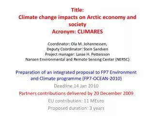 Preparation of an integrated proposal to FP7 Environment and Climate programme (FP7-OCEAN-2010)