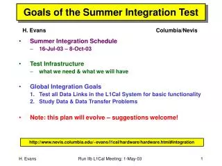 Goals of the Summer Integration Test