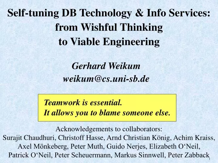 self tuning db technology info services from wishful thinking to viable engineering