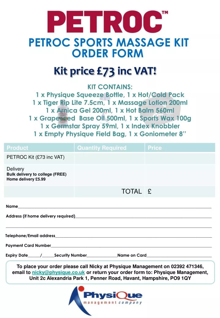 petroc sports massage kit order form