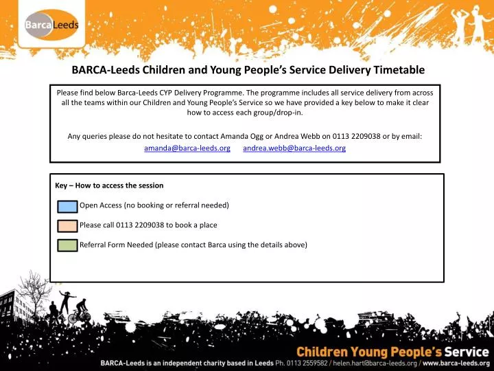 barca leeds children and young people s service delivery timetable