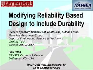 Modifying Reliability Based Design to Include Durability