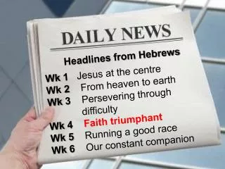 Headlines from Hebrews Wk 1 Jesus at the centre Wk 2 From heaven to earth