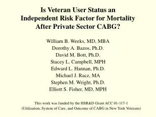 Is Veteran User Status an Independent Risk Factor for Mortality After Private Sector CABG?