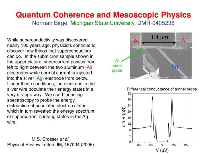 quantum coherence and mesoscopic physics norman birge michigan state university dmr 0405238