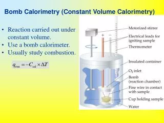 Reaction carried out under constant volume. Use a bomb calorimeter. Usually study combustion.