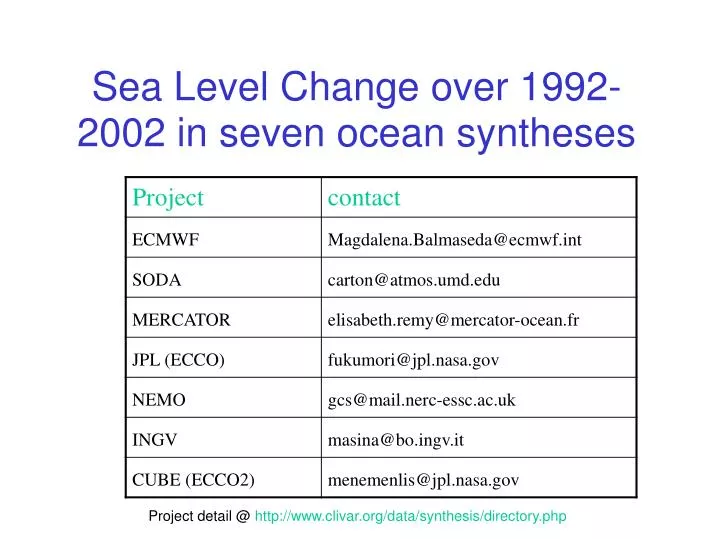 sea level change over 1992 2002 in seven ocean syntheses