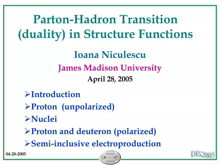 parton hadron transition duality in structure functions