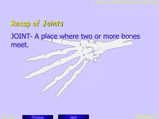 Recap of Joints JOINT- A place where two or more bones meet.