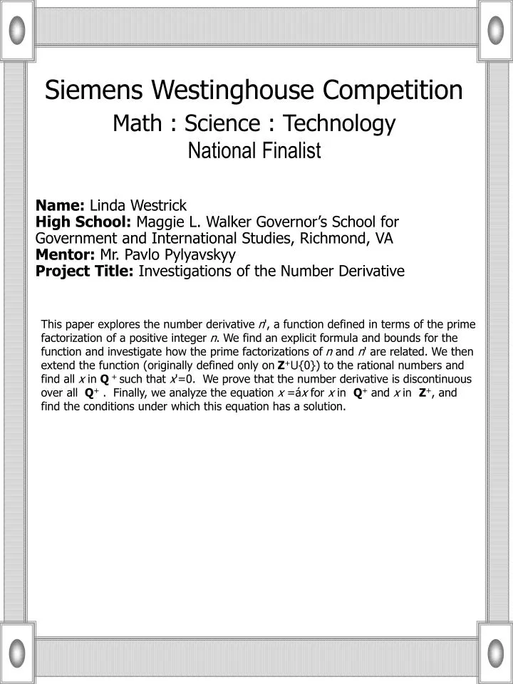 siemens westinghouse competition math science technology national finalist