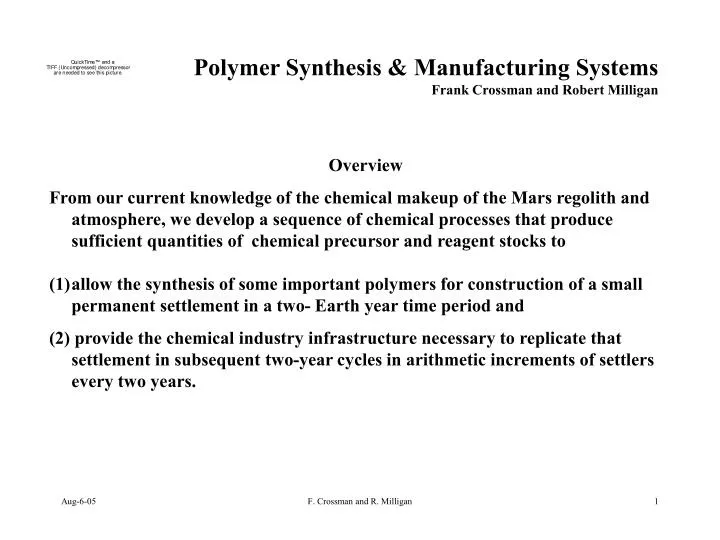 polymer synthesis manufacturing systems frank crossman and robert milligan
