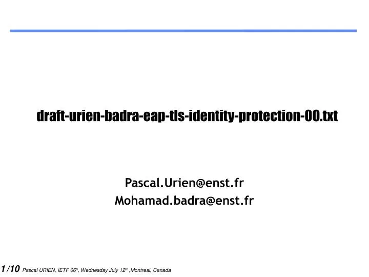 draft urien badra eap tls identity protection 00 txt