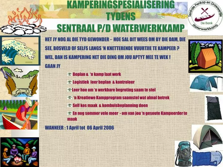 kamperingspesialisering tydens sentraal p d waterwerkkamp