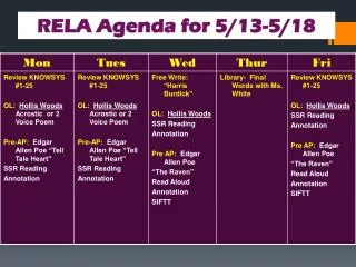 RELA Agenda for 5/13-5/18