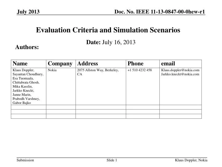 evaluation criteria and simulation scenarios