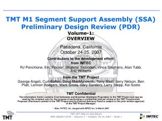 TMT M1 Segment Support Assembly (SSA) Preliminary Design Review (PDR) Volume-1: OVERVIEW