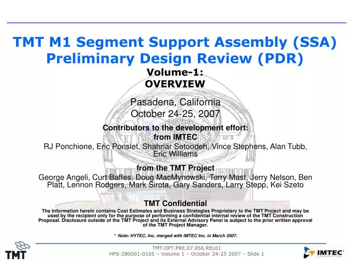 tmt m1 segment support assembly ssa preliminary design review pdr volume 1 overview
