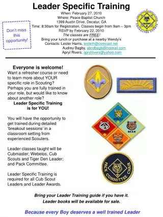 Bring your Leader Training guide if you have it. Leader books will be available for sale.