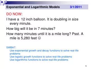 Exponential and Logarithmic Models 3/1/2011