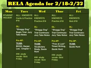 RELA Agenda for 2/18-2/22