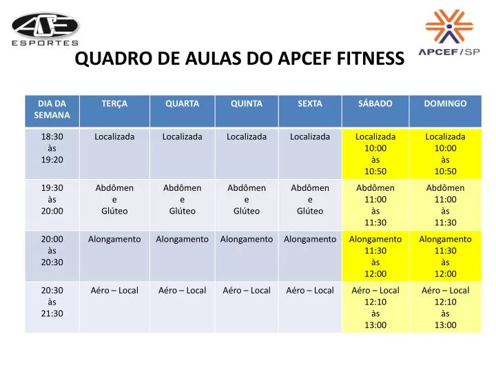 quadro de aulas do apcef fitness