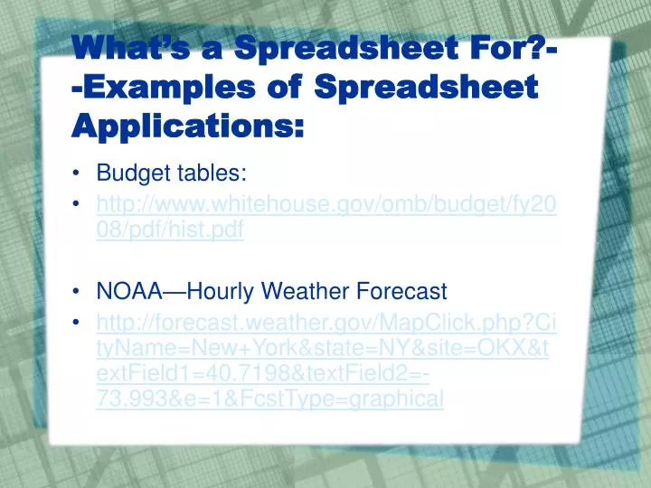 what s a spreadsheet for examples of spreadsheet applications