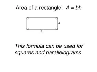 Area of a rectangle: A = bh This formula can be used for squares and parallelograms.