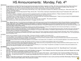 HS Announcements: Monday, Feb. 4 th