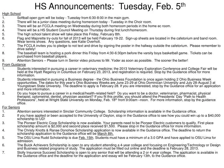 hs announcements tuesday feb 5 th