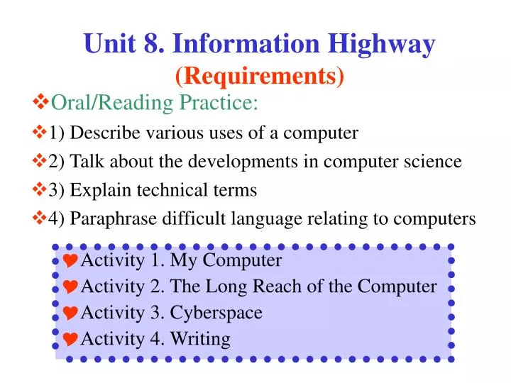 unit 8 information highway requirements