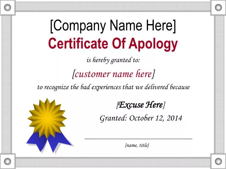 company name here certificate of apology