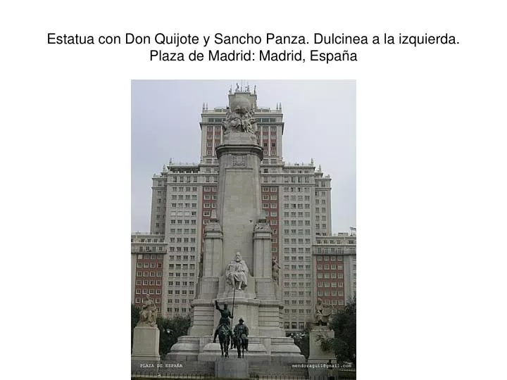 estatua con don quijote y sancho panza dulcinea a la izquierda plaza de madrid madrid espa a