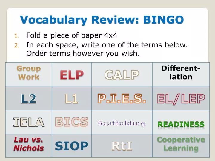 vocabulary review bingo